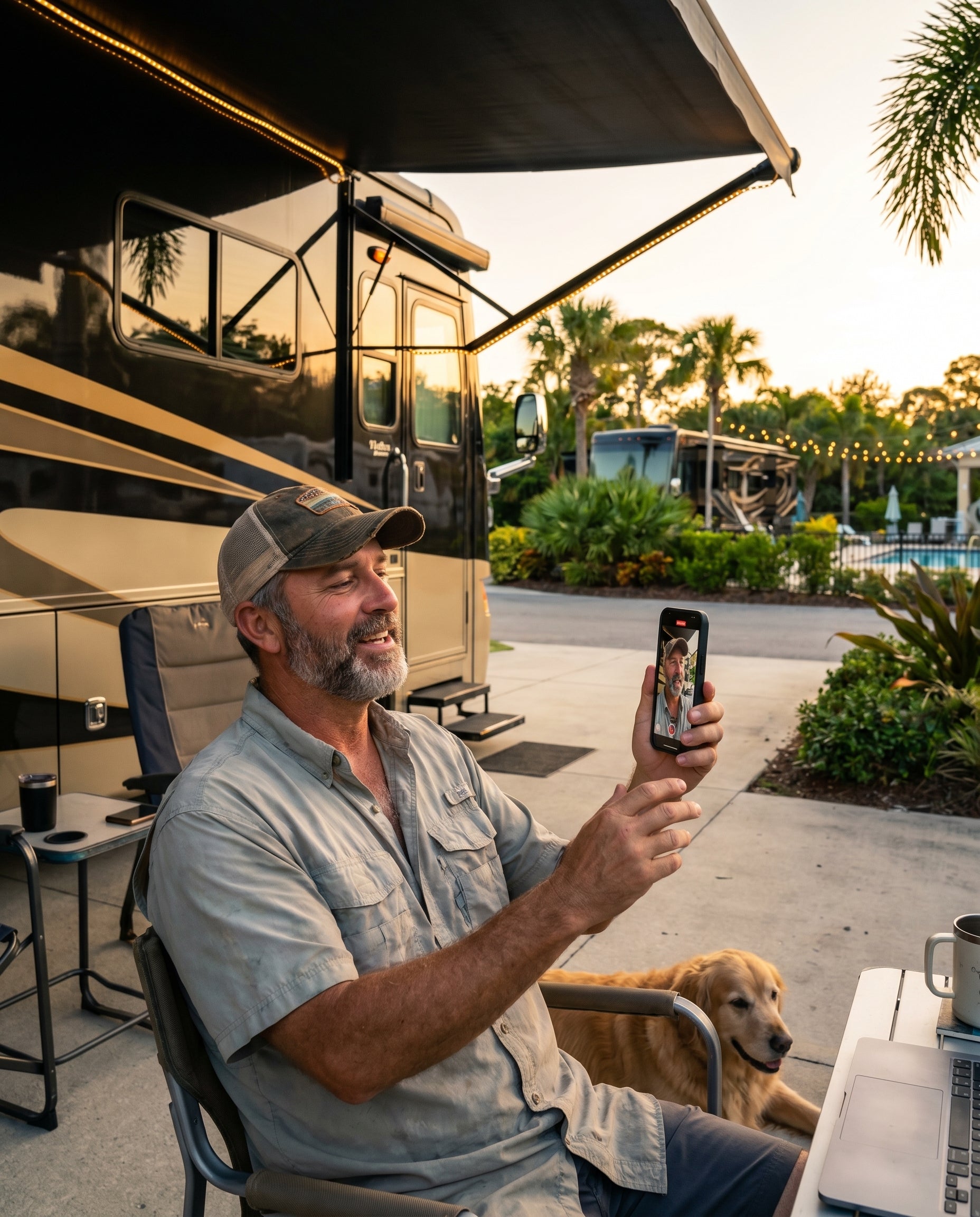 RV content creator filming a short video about his motorhome at a premium RV resort at golden hour, golden retriever at his feet